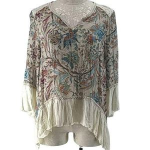 Lori + Mari Boho Paisley Floral Lace Trim Tunic Blouse High Low Hem Medium